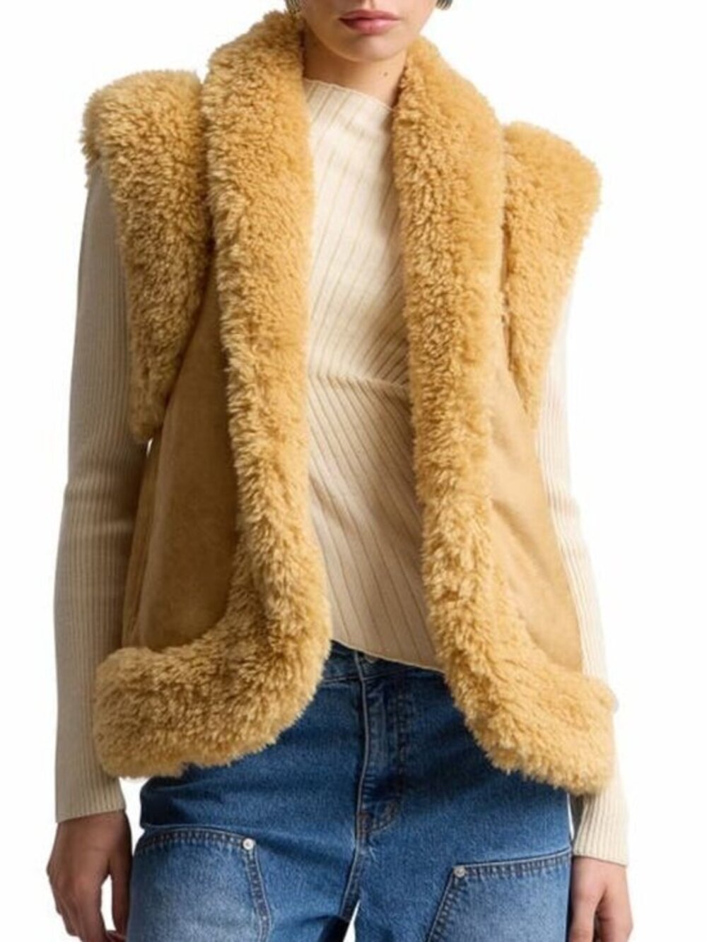New Avec Les Filles Faux Shearling Vest Toffee Brown XS